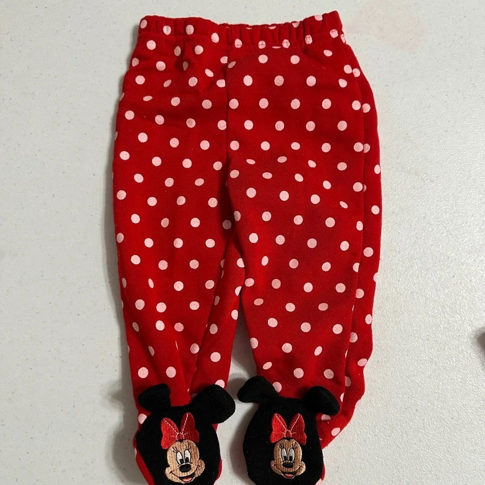 Disney Baby Minnie Mouse Polka Dot Fleece Pajama Set Footed Pants Red White 3/6M